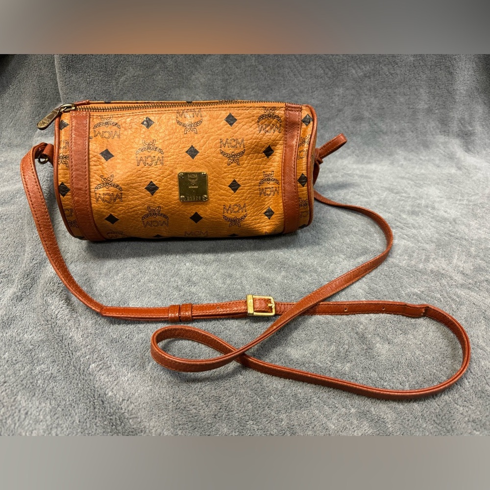 Authentic MCM Visetos barrel logo monogram crossbody